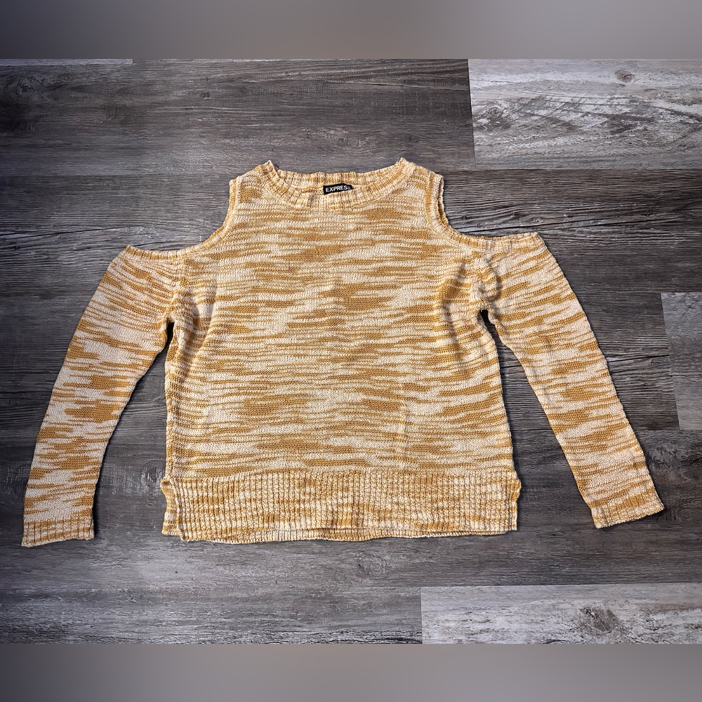 Express Yellow and Cream Cold Shoulder Sweater